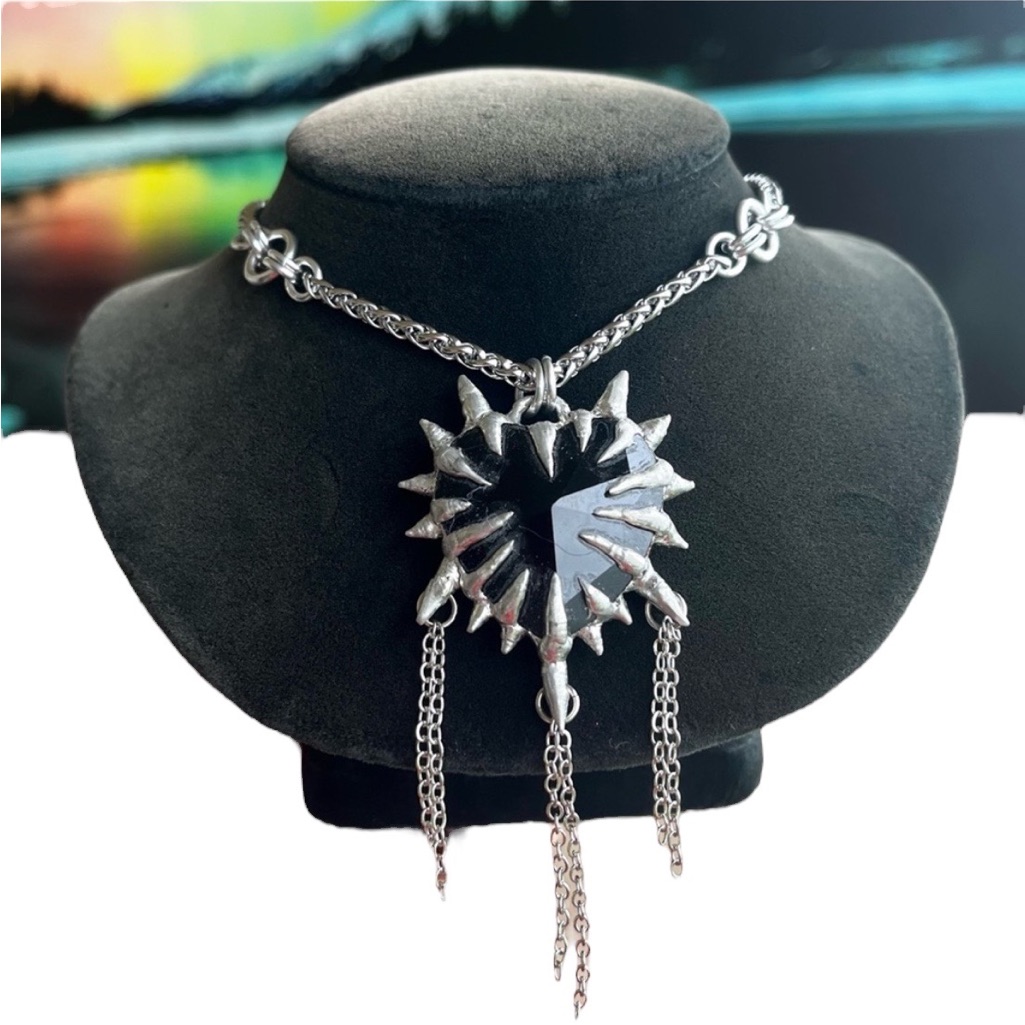 Black Onyx Gemstone Spike St Valentine Gothic Heart Stainless Steel Necklace 95$